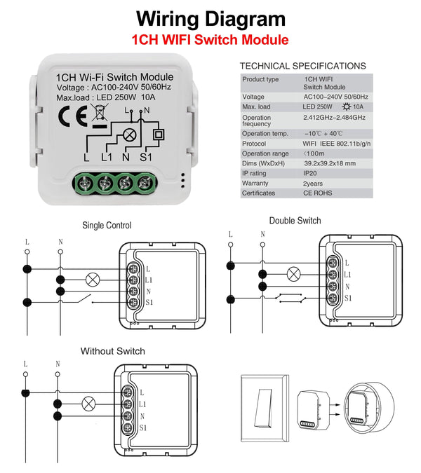 Planet Gates 4 Gang Tuya Wifi Smart Light Switch Module Supports 2 Way Control, App Remote Control DIY Breaker 100-240V, Work with Alexa Google Home