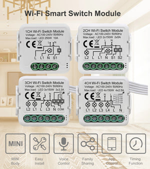 Planet Gates 4 Gang Tuya Wifi Smart Light Switch Module Supports 2 Way Control, App Remote Control DIY Breaker 100-240V, Work with Alexa Google Home