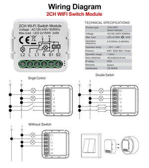 Planet Gates 4 Gang Tuya Wifi Smart Light Switch Module Supports 2 Way Control, App Remote Control DIY Breaker 100-240V, Work with Alexa Google Home