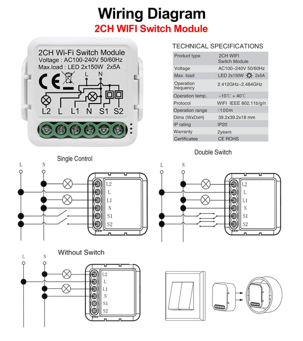 Planet Gates 4 Gang Tuya Wifi Smart Light Switch Module Supports 2 Way Control, App Remote Control DIY Breaker 100-240V, Work with Alexa Google Home