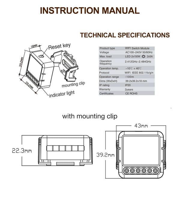 Planet Gates 4 Gang Tuya Wifi Smart Light Switch Module Supports 2 Way Control, App Remote Control DIY Breaker 100-240V, Work with Alexa Google Home