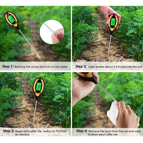 Planet Gates 4 In 1 / Yellow 1pc 4-in-1 Soil Detector Light Temperature Soil Moisture Meter PH Value Soil Tester, Plant & Soil Monitoring