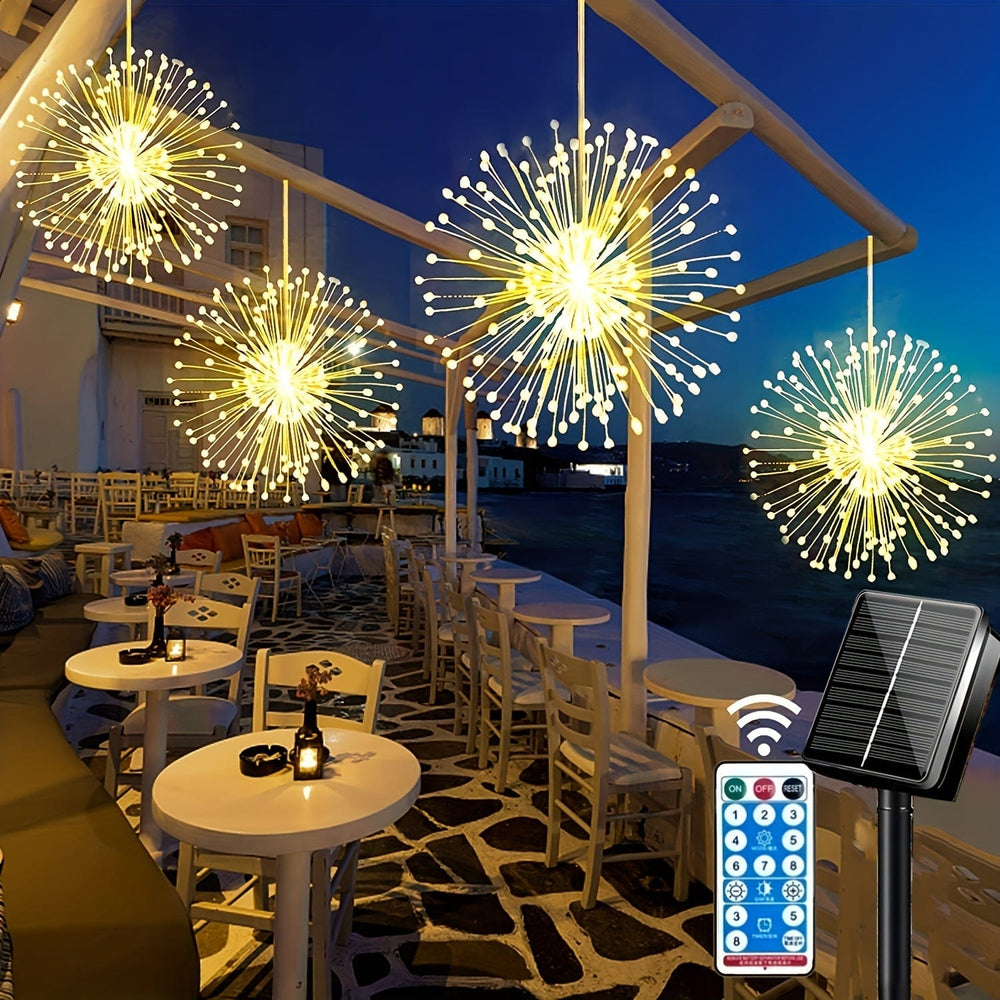 Planet Gates 4 Pack, Suspended Solar Fireworks Light, 240/360/480 Leds Star Burst Light, Outdoor Waterproof, 8-Mode With Remote Control, Fairy Light, Eaves Garden Tree Christmas Decorative Light (Warm White)