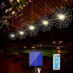 Planet Gates 4 Pack, Suspended Solar Fireworks Light, 240/360/480 Leds Star Burst Light, Outdoor Waterproof, 8-Mode With Remote Control, Fairy Light, Eaves Garden Tree Christmas Decorative Light (Warm White)
