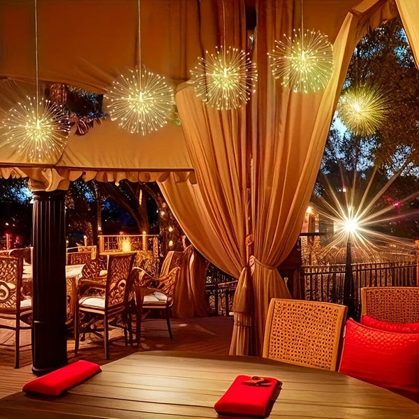 Planet Gates 4 Pack, Suspended Solar Fireworks Light, 240/360/480 Leds Star Burst Light, Outdoor Waterproof, 8-Mode With Remote Control, Fairy Light, Eaves Garden Tree Christmas Decorative Light (Warm White)