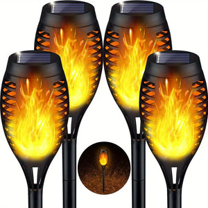 Planet Gates 4 Pack Warm Light 6pcs Waterproof Solar Outdoor Flame Torch Lights, LED Torches With Flickering Flames, Halloween Decorations Lights Outdoor, For Christmas Halloween Garden Yard Patio, Auto On/Off
