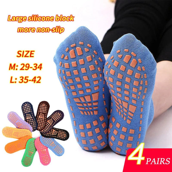 Planet Gates 4 Pairs Yoga Pilates Trampoline Women Socks for Adult/Child Silicone Anti-Slip Grip Cotton Socks Floor Foot Massage Ankle Socks