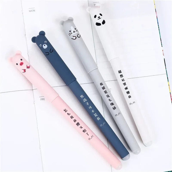 Planet Gates 4 Pcs/Set Kawaii Pig Bear Cat Mouse Erasable Gel Pen School Office Supplies Stationery Gift 0.35mm Blue Black Ink