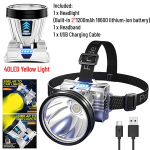 Planet Gates 40 lights yellow / CHINA Super Bright Rechargeable Headlight 1200mAh High Power Headlamp Waterproof Emergency Fishing Camping Lantern Head Flashlight