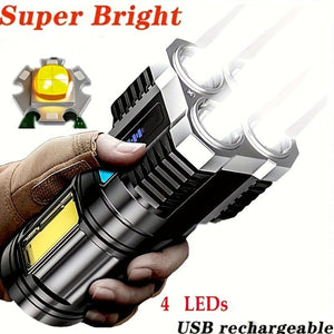 Planet Gates 400mAh 1pc LED Flashlight, Powerful 4 LED Flashlight With COB Side Light, 4 Modes USB Rechargeable LED Torch, Waterproof Built In Battery Flashlight, Camping Tool