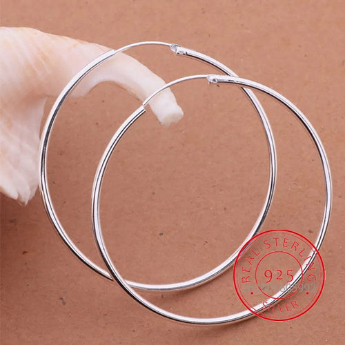 Planet Gates 40MM 100% Pure 925 Sterling Silver Hoop Earrings For Women 50mm 60mm Round Circle Loop Simple Woman Silver Hoop Earrings