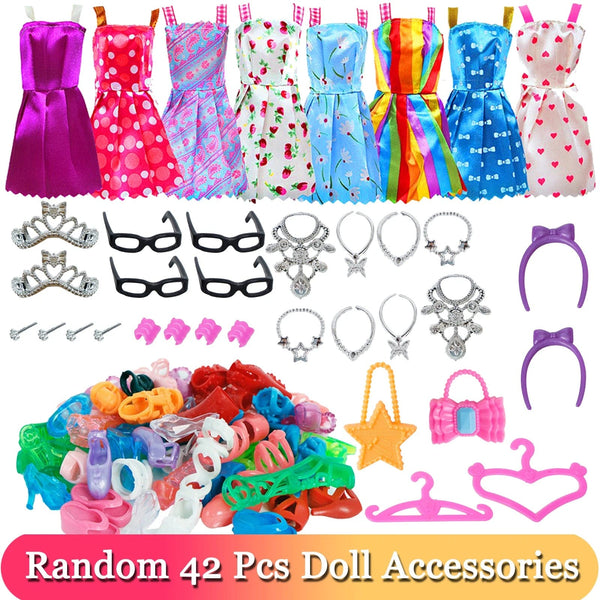 Planet Gates 42 Pcs 32 Item/Set Doll Accessories=10 Mix Fashion Cute Dress+ 4 Glasses+ 6 Necklaces+2 Handbag+ 10 Shoes Dress Clothes For Barbie Doll