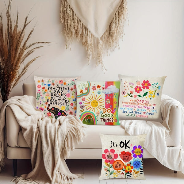 Planet Gates 45.72 X 45.72 Cm 4pcs, Colorful Flowers Inspirational Quotes Polyester Cushion Cover, Throw Pillow Cover, Bedroom Accessories, Sofa Cushion Cover, Living Room Throw Pillow Cover (Cushion Is Not Included)