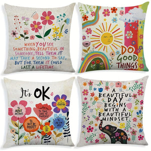 Planet Gates 45.72 X 45.72 Cm 4pcs, Colorful Flowers Inspirational Quotes Polyester Cushion Cover, Throw Pillow Cover, Bedroom Accessories, Sofa Cushion Cover, Living Room Throw Pillow Cover (Cushion Is Not Included)