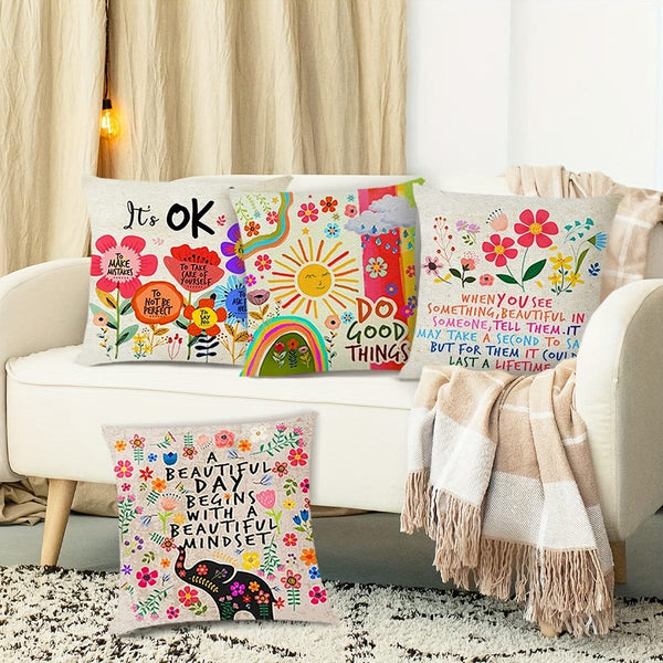 Planet Gates 45.72 X 45.72 Cm 4pcs, Colorful Flowers Inspirational Quotes Polyester Cushion Cover, Throw Pillow Cover, Bedroom Accessories, Sofa Cushion Cover, Living Room Throw Pillow Cover (Cushion Is Not Included)