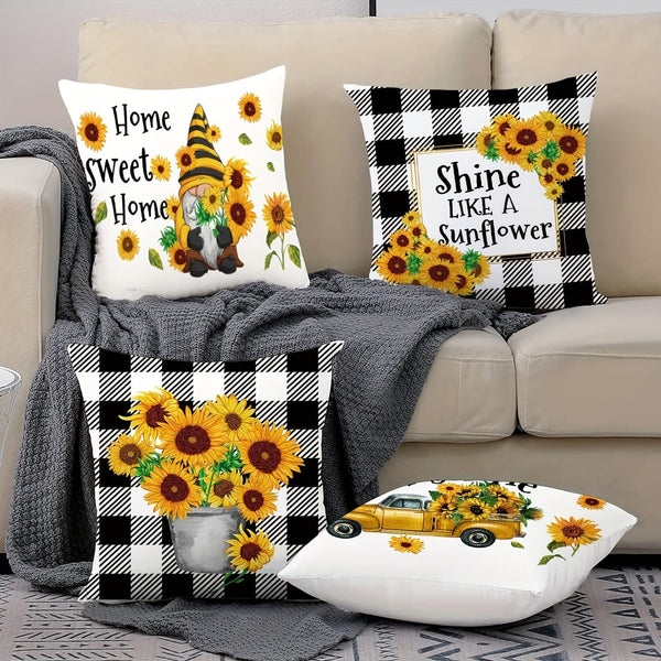 Planet Gates 45.72cmx45.72cm 4pcs Summer Sunflower English Letter Printed Throw Pillowcase, Pillow Cover For Bedroom Sofa Couch Car Home Decor, No Pillow Insert, 18*18in