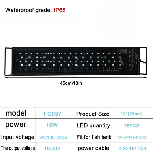 Planet Gates 45CM -16W / US PLUG / Russian Federation IP68 Waterproof Aquarium LED Light, Full Spectrum Fish Tank Lighting with Aquatic Plant Growth Lamp, 24/7 and 100V-240V, 30-60cm