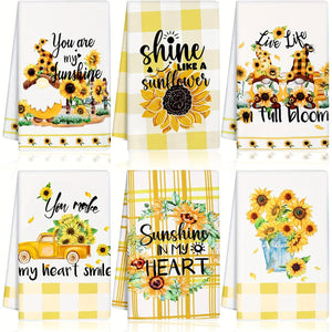 Planet Gates 45×70cm 6pcs, Hand Towels, Sunflower Kitchen Dish Towels Set, Yellow And White Buffalo Plaid Sunaflower Pattern Scouring Pad, Dishcloths For Summer Farmhouse Bathroom, Kitchen Supplies, Room Decor