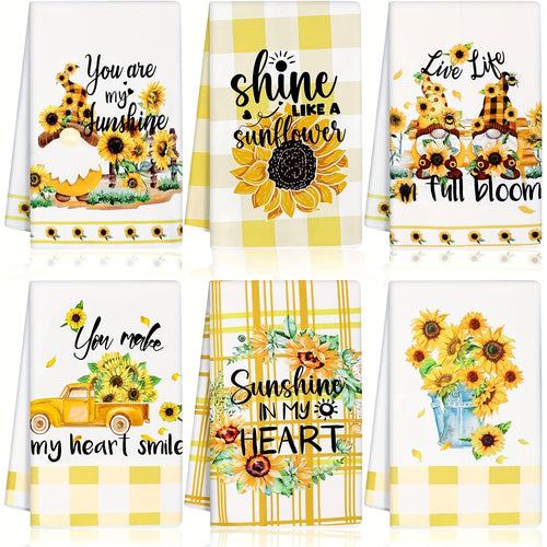 Planet Gates 45×70cm 6pcs, Hand Towels, Sunflower Kitchen Dish Towels Set, Yellow And White Buffalo Plaid Sunaflower Pattern Scouring Pad, Dishcloths For Summer Farmhouse Bathroom, Kitchen Supplies, Room Decor