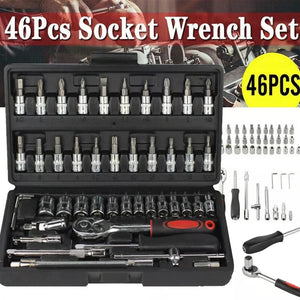 Planet Gates 46Pcs 1/4" Drive Metric Flexible Head Ratcheting Wrench Combination Spanner Mechanic Tool Set Car Repair Tool Kit w/Black Case