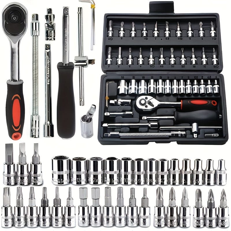 Planet Gates 46pcs Car Repair Tool Kit, 1/4 Inch Drive Socket Ratchet Wrench Set, Combo Tools Kit Bicycle Auto Repairing Tool
