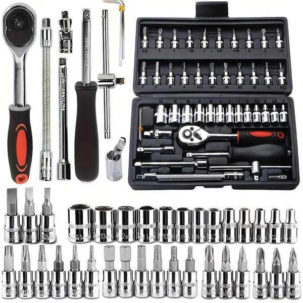 Planet Gates 46pcs Car Repair Tool Kit, 1/4 Inch Drive Socket Ratchet Wrench Set, Combo Tools Kit Bicycle Auto Repairing Tool