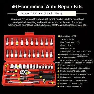 Planet Gates 46pcs Car Repair Tool Kit, 1/4 Inch Drive Socket Ratchet Wrench Set, Combo Tools Kit Bicycle Auto Repairing Tool