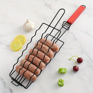 Planet Gates 48.5*9CM 1pc, Detachable Hot Dog Grill, Wooden Handle Sausage Grill Cage, BBQ Non-stick Grill With Outdoor Sausage Grill Mesh, Kitchen Supplies, Kitchen Accessories, BBQ Accessories