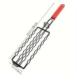 Planet Gates 48.5*9CM 1pc, Detachable Hot Dog Grill, Wooden Handle Sausage Grill Cage, BBQ Non-stick Grill With Outdoor Sausage Grill Mesh, Kitchen Supplies, Kitchen Accessories, BBQ Accessories