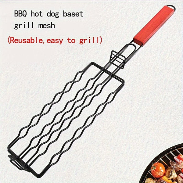Planet Gates 48.5*9CM 1pc, Detachable Hot Dog Grill, Wooden Handle Sausage Grill Cage, BBQ Non-stick Grill With Outdoor Sausage Grill Mesh, Kitchen Supplies, Kitchen Accessories, BBQ Accessories