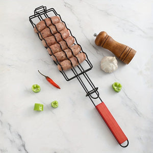 Planet Gates 48.5*9CM 1pc, Detachable Hot Dog Grill, Wooden Handle Sausage Grill Cage, BBQ Non-stick Grill With Outdoor Sausage Grill Mesh, Kitchen Supplies, Kitchen Accessories, BBQ Accessories