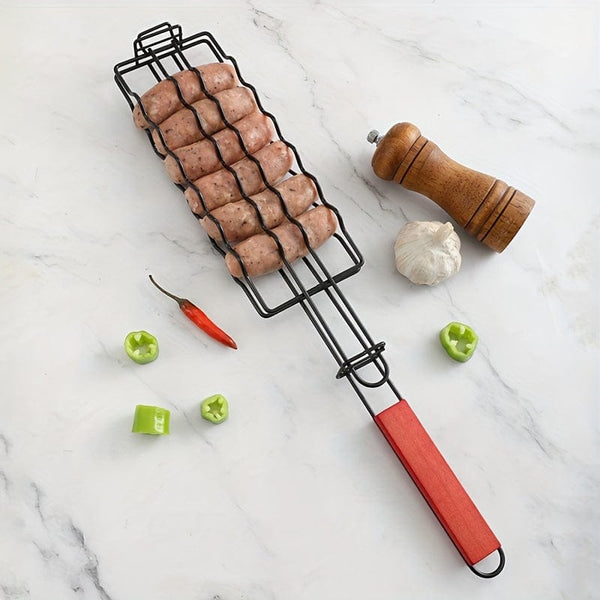 Planet Gates 48.5*9CM 1pc, Detachable Hot Dog Grill, Wooden Handle Sausage Grill Cage, BBQ Non-stick Grill With Outdoor Sausage Grill Mesh, Kitchen Supplies, Kitchen Accessories, BBQ Accessories
