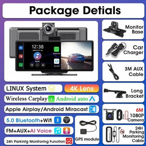 Planet Gates 4K DVR-AHD GPS BL / Poland Srnubi 10.26" Dash Cam Rearview Carplay Android Auto 4K DVR GPS Navigation Player Dual Len Recorder Dashboard  24H Park WIFI BT