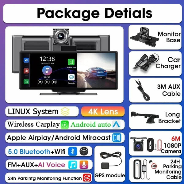 Planet Gates 4K DVR-AHD GPS BL / Poland Srnubi 10.26" Dash Cam Rearview Carplay Android Auto 4K DVR GPS Navigation Player Dual Len Recorder Dashboard  24H Park WIFI BT