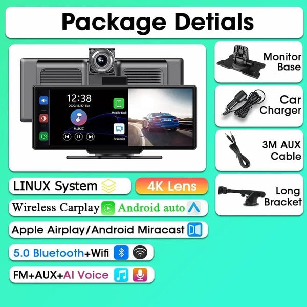 Planet Gates 4K DVR / Poland Srnubi 10.26" Dash Cam Rearview Carplay Android Auto 4K DVR GPS Navigation Player Dual Len Recorder Dashboard  24H Park WIFI BT