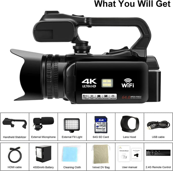 Planet Gates 4K video camera / 4K video camera WIFI Camcorder 4K Video Camera 64MP 60FPS HD Auto Focus Vlogging 4.0" Touch Screen 18X Zoom for Live Streaming