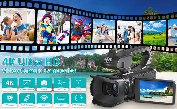Planet Gates 4K video camera / 4K video camera WIFI Camcorder 4K Video Camera 64MP 60FPS HD Auto Focus Vlogging 4.0" Touch Screen 18X Zoom for Live Streaming
