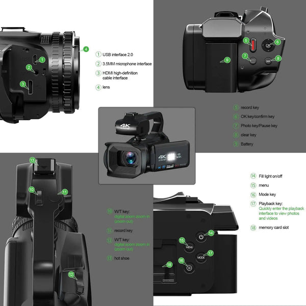 Planet Gates 4K video camera / 4K video camera WIFI Camcorder 4K Video Camera 64MP 60FPS HD Auto Focus Vlogging 4.0" Touch Screen 18X Zoom for Live Streaming