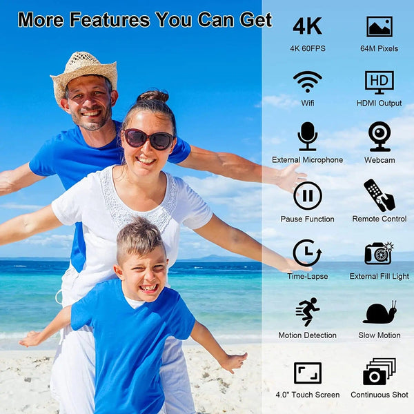 Planet Gates 4K video camera / 4K video camera WIFI Camcorder 4K Video Camera 64MP 60FPS HD Auto Focus Vlogging 4.0" Touch Screen 18X Zoom for Live Streaming