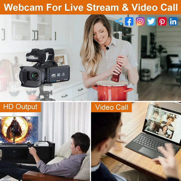 Planet Gates 4K video camera / 4K video camera WIFI Camcorder 4K Video Camera 64MP 60FPS HD Auto Focus Vlogging 4.0" Touch Screen 18X Zoom for Live Streaming
