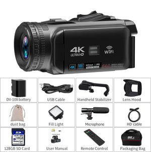 Planet Gates 4K video camera / 4K video camera WIFI Camcorder 4K Video Camera 64MP 60FPS HD Auto Focus Vlogging 4.0" Touch Screen 18X Zoom for Live Streaming