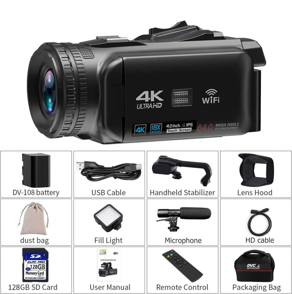Planet Gates 4K video camera / 4K video camera WIFI Camcorder 4K Video Camera 64MP 60FPS HD Auto Focus Vlogging 4.0" Touch Screen 18X Zoom for Live Streaming