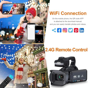Planet Gates 4K video camera / 4K video camera WIFI Camcorder 4K Video Camera 64MP 60FPS HD Auto Focus Vlogging 4.0" Touch Screen 18X Zoom for Live Streaming