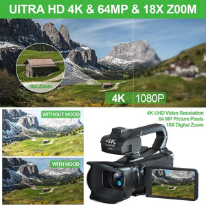 Planet Gates 4K video camera / 4K video camera WIFI Camcorder 4K Video Camera 64MP 60FPS HD Auto Focus Vlogging 4.0" Touch Screen 18X Zoom for Live Streaming