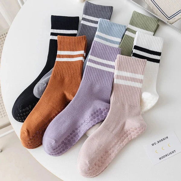 Planet Gates 4pairs Women Anti-skid Yoga Socks Grips Cotton Mid-tube Bottom Breathable Fitness Dance Barre Workout Pilates Socks 8 Colors