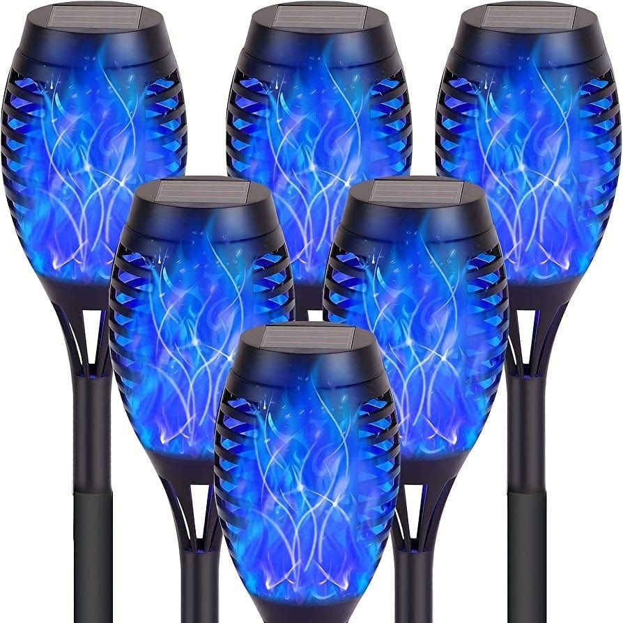 Planet Gates 4pcs 12LED Solar Flame Lights, Suitable For Garden, Lawn, Path Decoration, Halloween Atmosphere Lights, Large Battery Working 11 Hours Lighting Torch Lights (Blue Green Purple Warm Color Light), Halloween Decorations