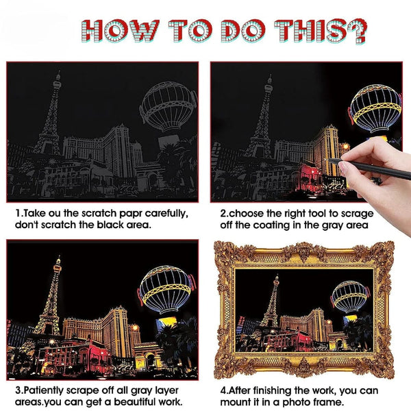 Planet Gates 4Pcs Children DIY Night Scene Art Scratch Painting Toys City Building Landscape Kids Educational Toys Birthday Gift Room Decor