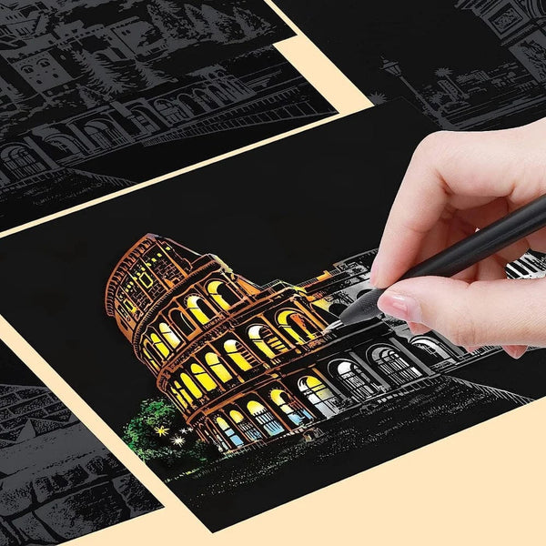 Planet Gates 4Pcs Children DIY Night Scene Art Scratch Painting Toys City Building Landscape Kids Educational Toys Birthday Gift Room Decor