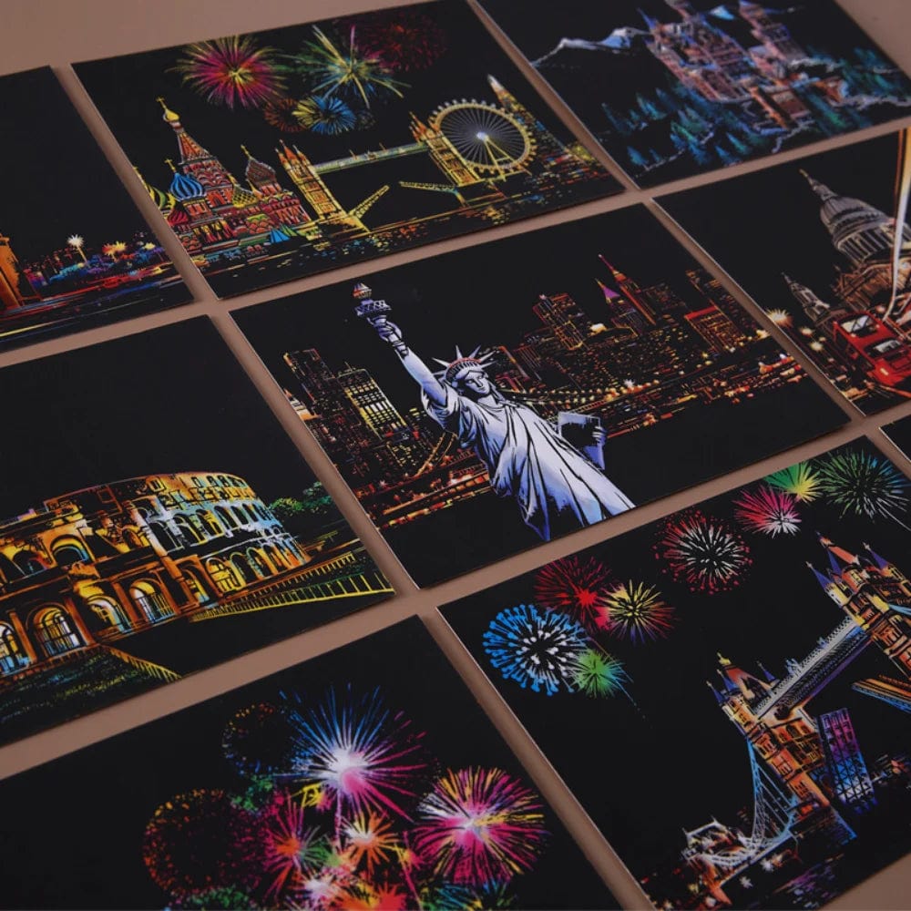 Planet Gates 4Pcs Children DIY Night Scene Art Scratch Painting Toys City Building Landscape Kids Educational Toys Birthday Gift Room Decor