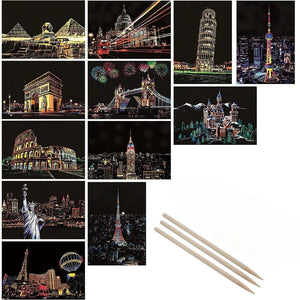 Planet Gates 4Pcs Children DIY Night Scene Art Scratch Painting Toys City Building Landscape Kids Educational Toys Birthday Gift Room Decor